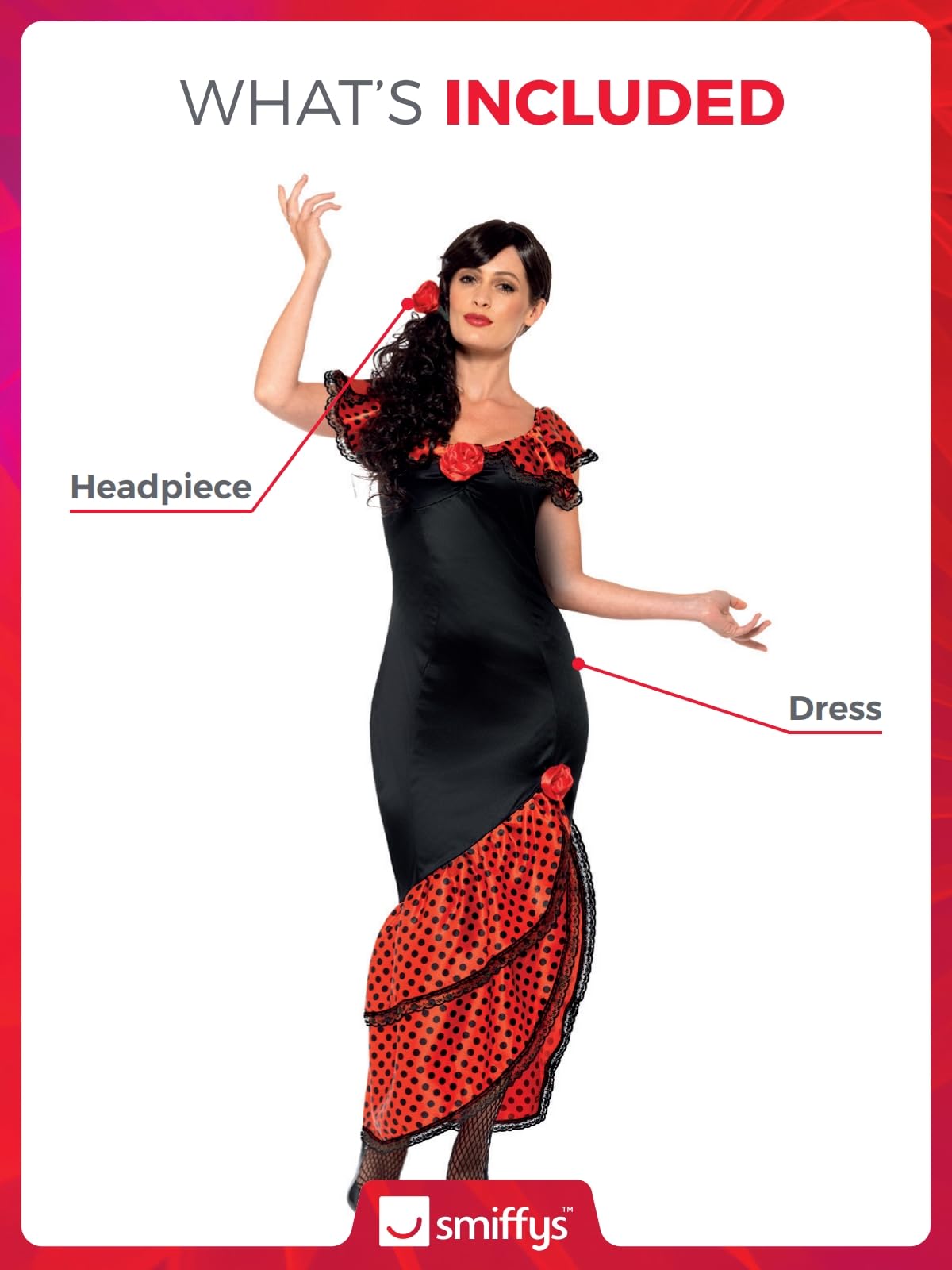 Smiffys Flamenco Senorita Costume - Adult Women's Size M (UK 12-14) | Black & Red Dress with Headpiece 2