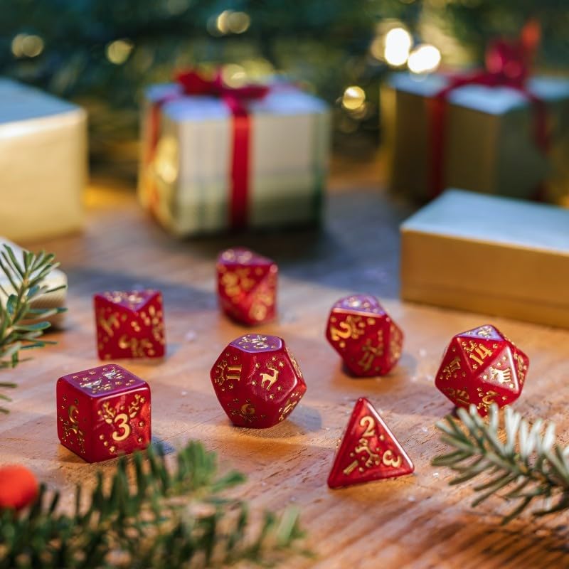 Q WORKSHOP Christmas Dice Set - 7-Piece Polyhedral RPG Dice | Icy Red & Gold | Teen 5