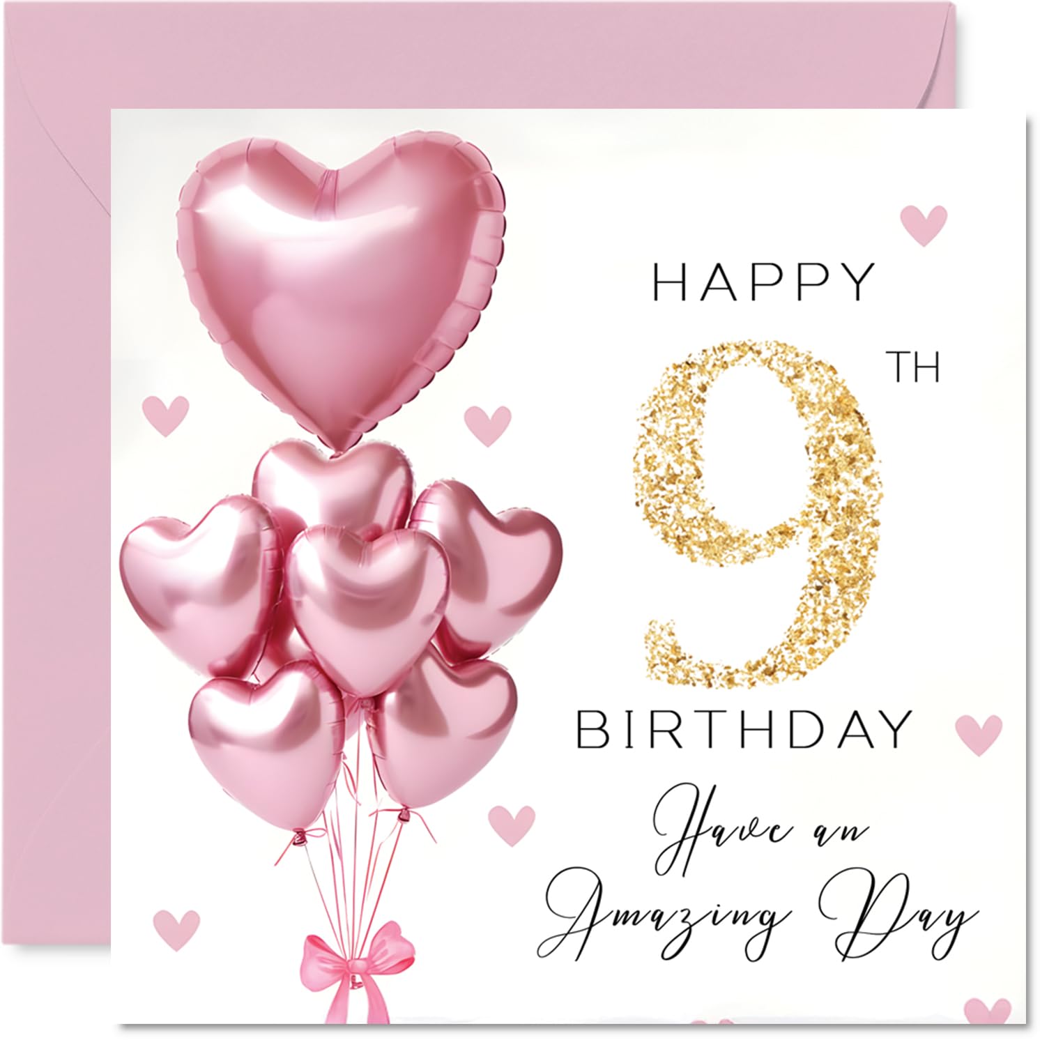 Stuff4 9th Birthday Card for Girls - Pink Glitter Balloons | 145mm Square | Blank Inside