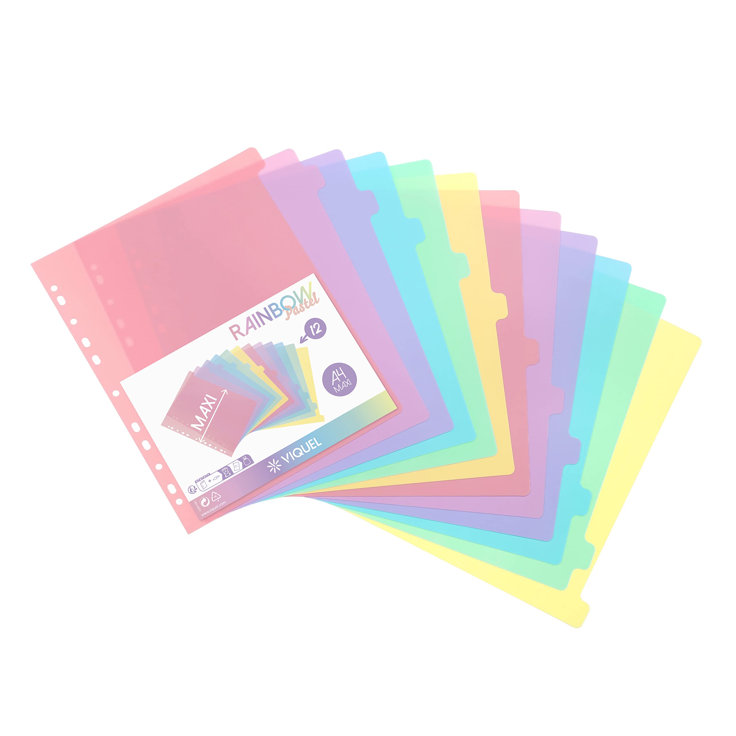 Viquel Plastic Binder Dividers - 12 Pack Rainbow Pastel Maxi Format for A4+ | Durable Polypropylene
