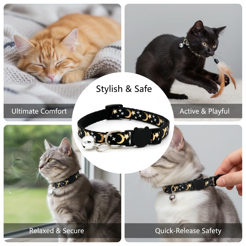 Muexoee Reflective Adjustable Cat Collar with Bell - Moon Star Print, Safety Buckle, Red 4