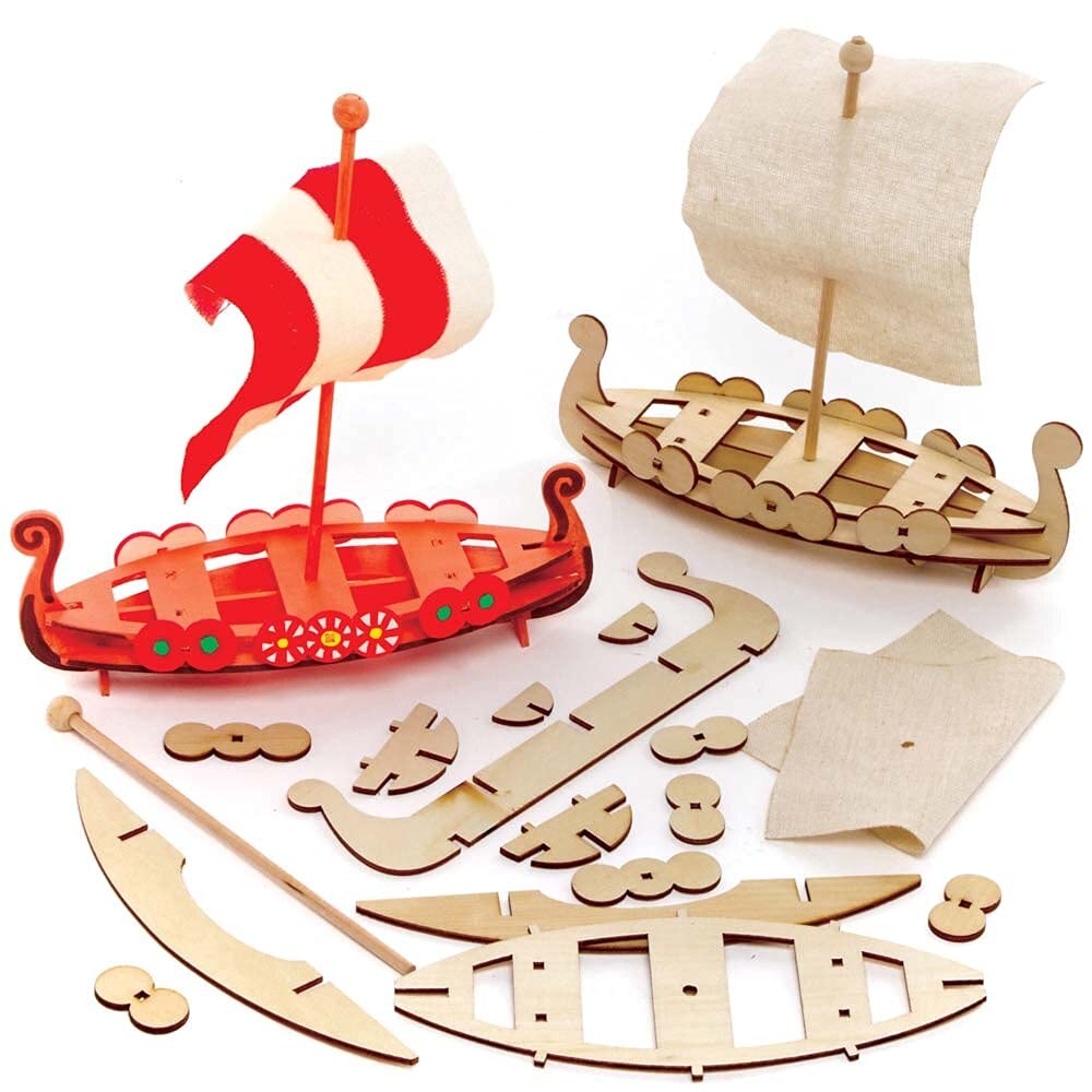 Baker Ross Roman Ship Wooden Craft Kit - Pack of 3, Creative DIY Wood Model Kits for Kids