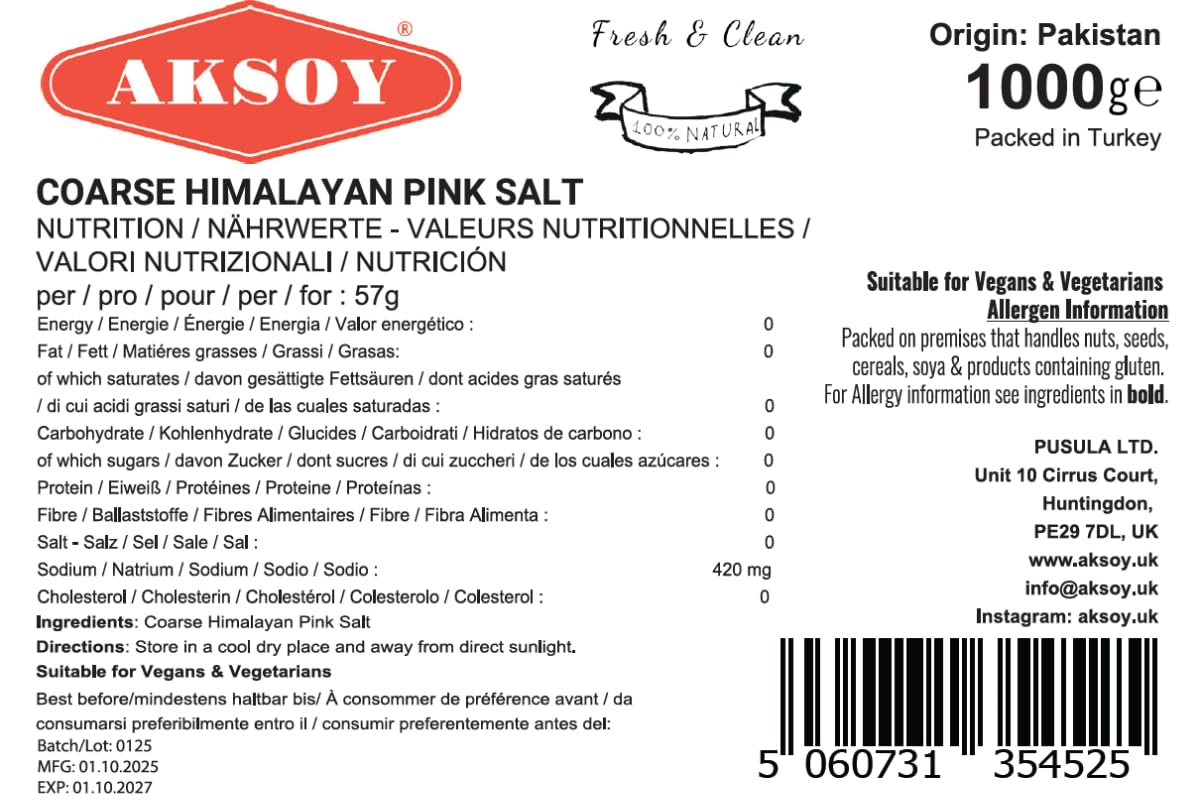 AKSOY Pink Himalayan Salt - Coarse, 1kg | GMO Free, Mineral-Rich