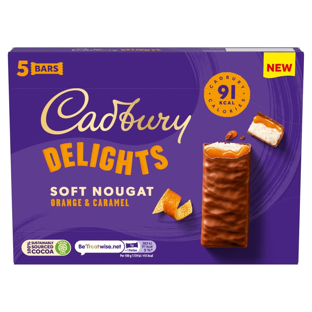 Cadbury Delights Soft Nougat Orange & Caramel Bars – Chewy Milk Chocolate Snack, 5 x 22g