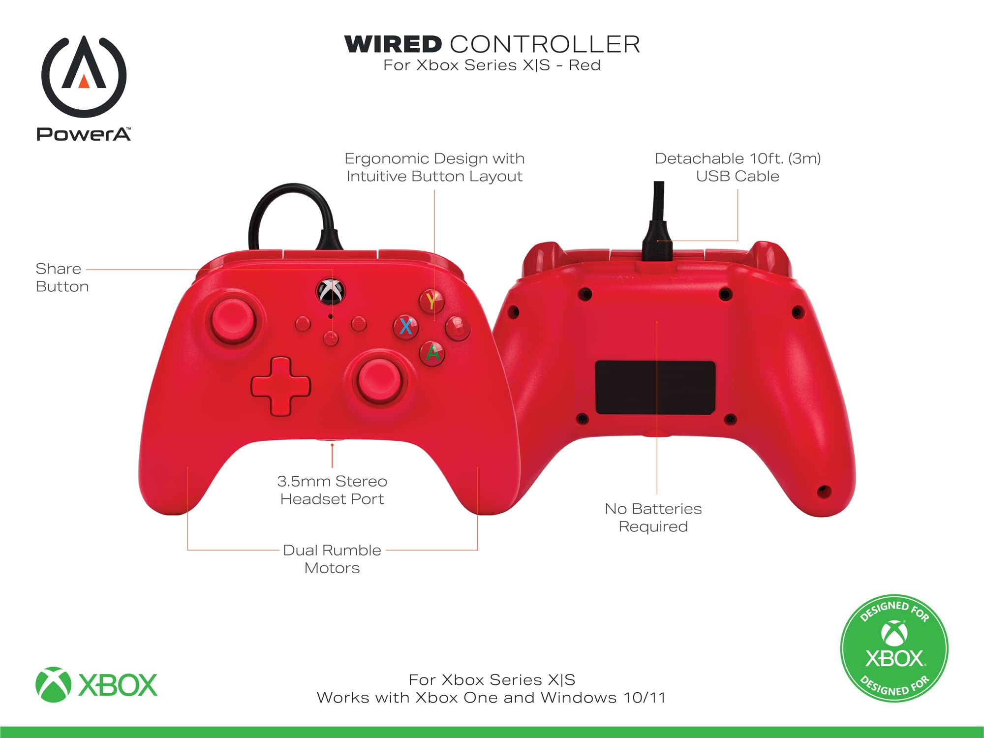 PowerA Wired Controller for Xbox Series X|S, Xbox One, PC - Officially Licensed with Dual Rumble, Impulse Triggers, 10 ft USB-C Cable 3