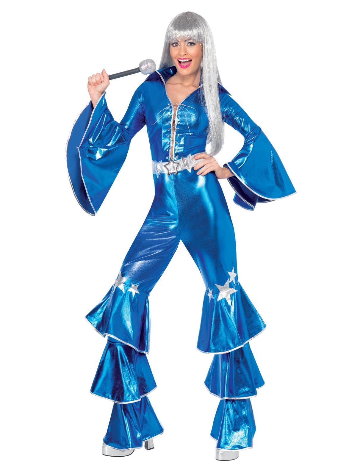 Smiffys 70s Dancing Dream Costume - Blue Disco Jumpsuit with Lace-Up Front & Bell Sleeves