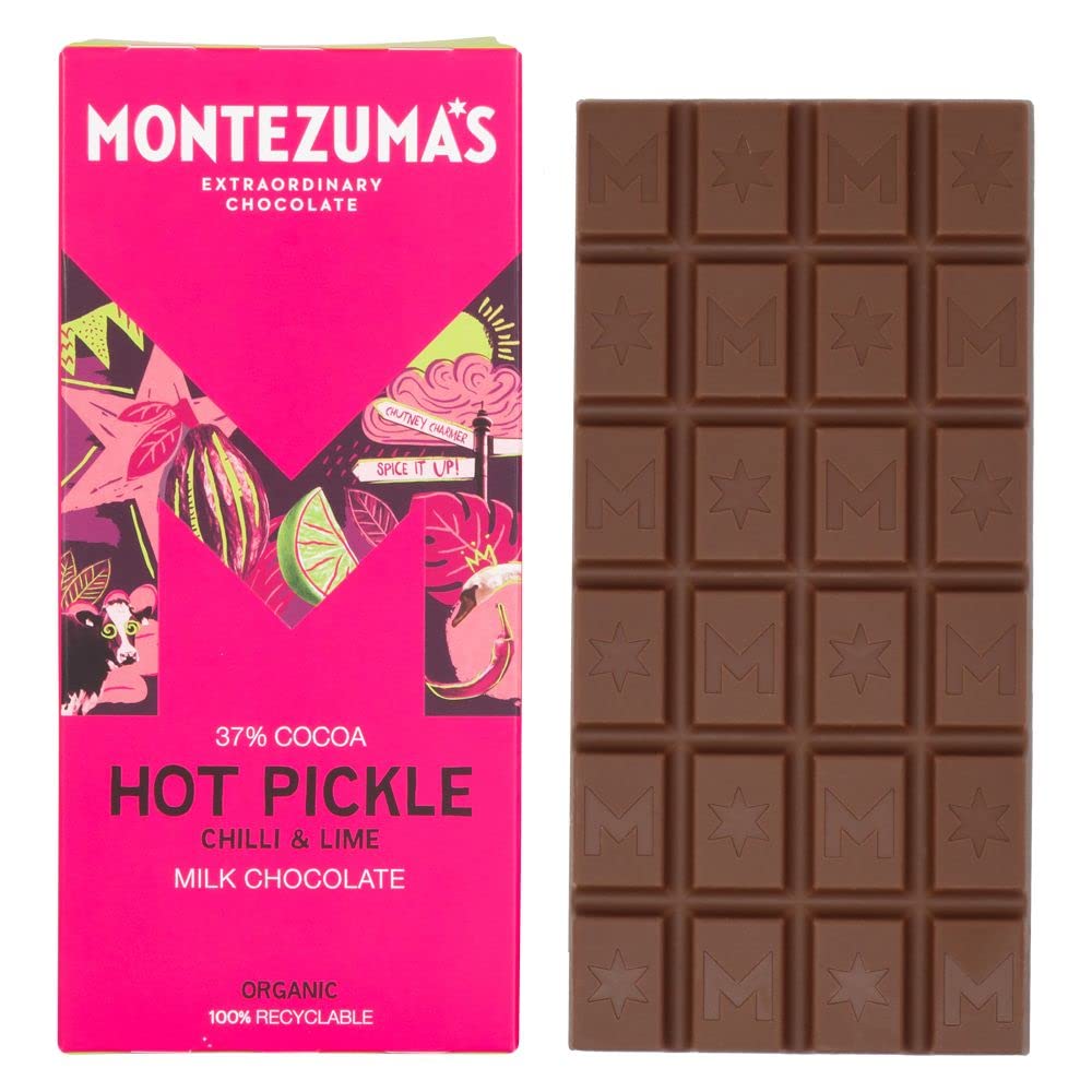 Montezuma - Hot Pickle 37% Cocoa Milk Chocolate with Chilli & Lime, Organic Gluten-Free Bar (90g)