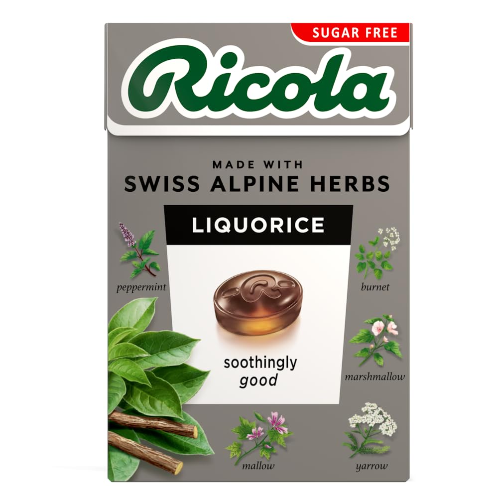 Ricola Liquorice Sugar Free Swiss Herbal Sweets, 10-Pack Sweet Box, Stevia-Sweetened Herb Drops with 13 Alpine Herbs, 45g