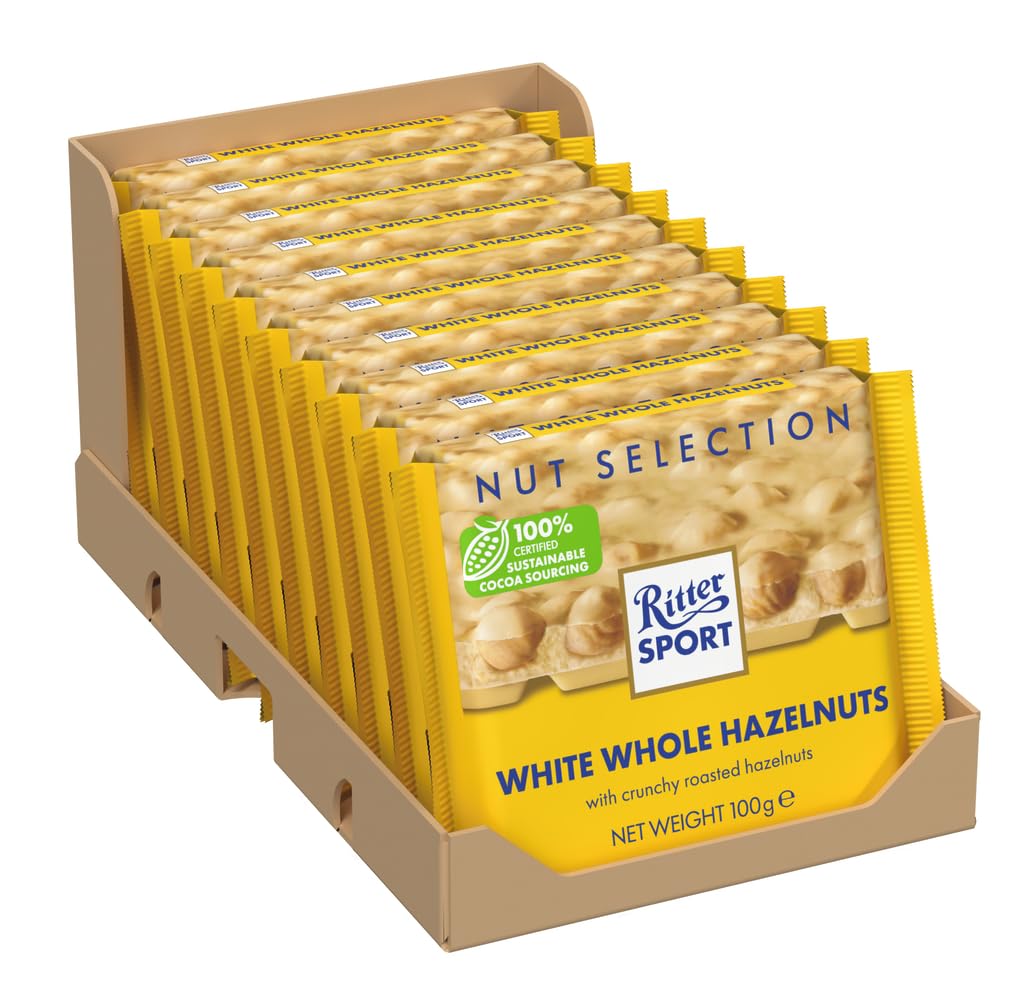 Ritter Sport White Whole Hazelnut Chocolate Bar 100g (Pack of 10) 10