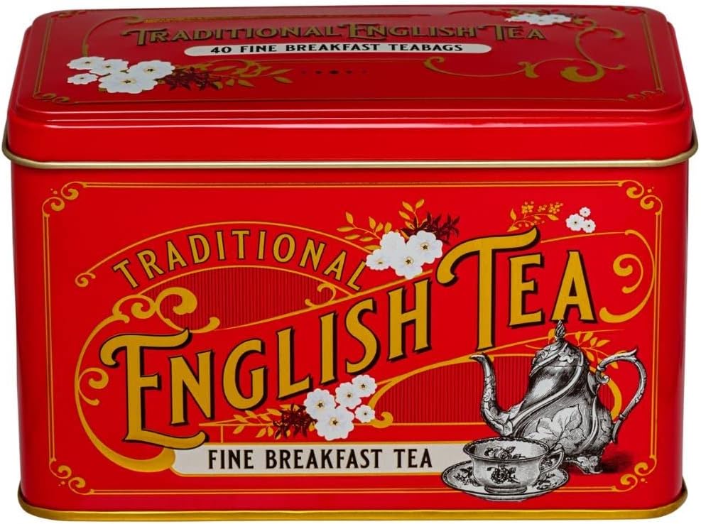 New English Teas Vintage Victorian Tea Tin in Berry-Red with 40 English Breakfast Teabags