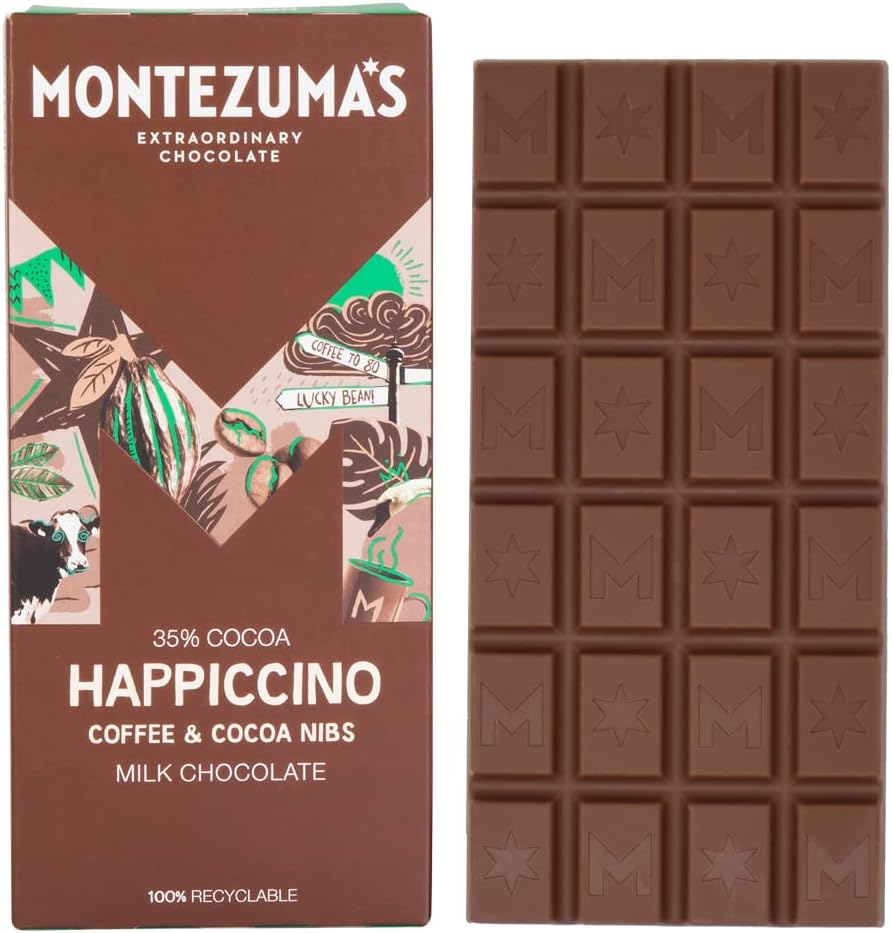 Montezuma's Happiccino, 35% Cocoa, Milk Chocolate With Coffee & Cocoa Nibs, Glut