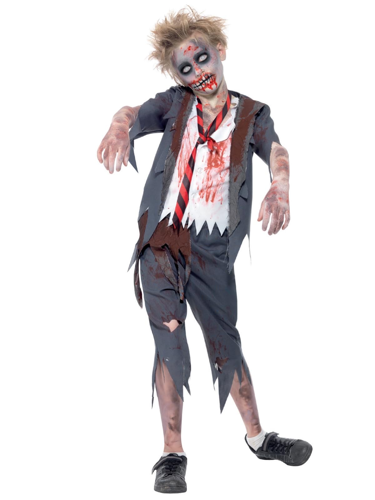 Smiffys Zombie School Boy Costume - Grey Full Set with Trousers, Jacket, Mock Shirt & Tie for Kids Ages 7-9