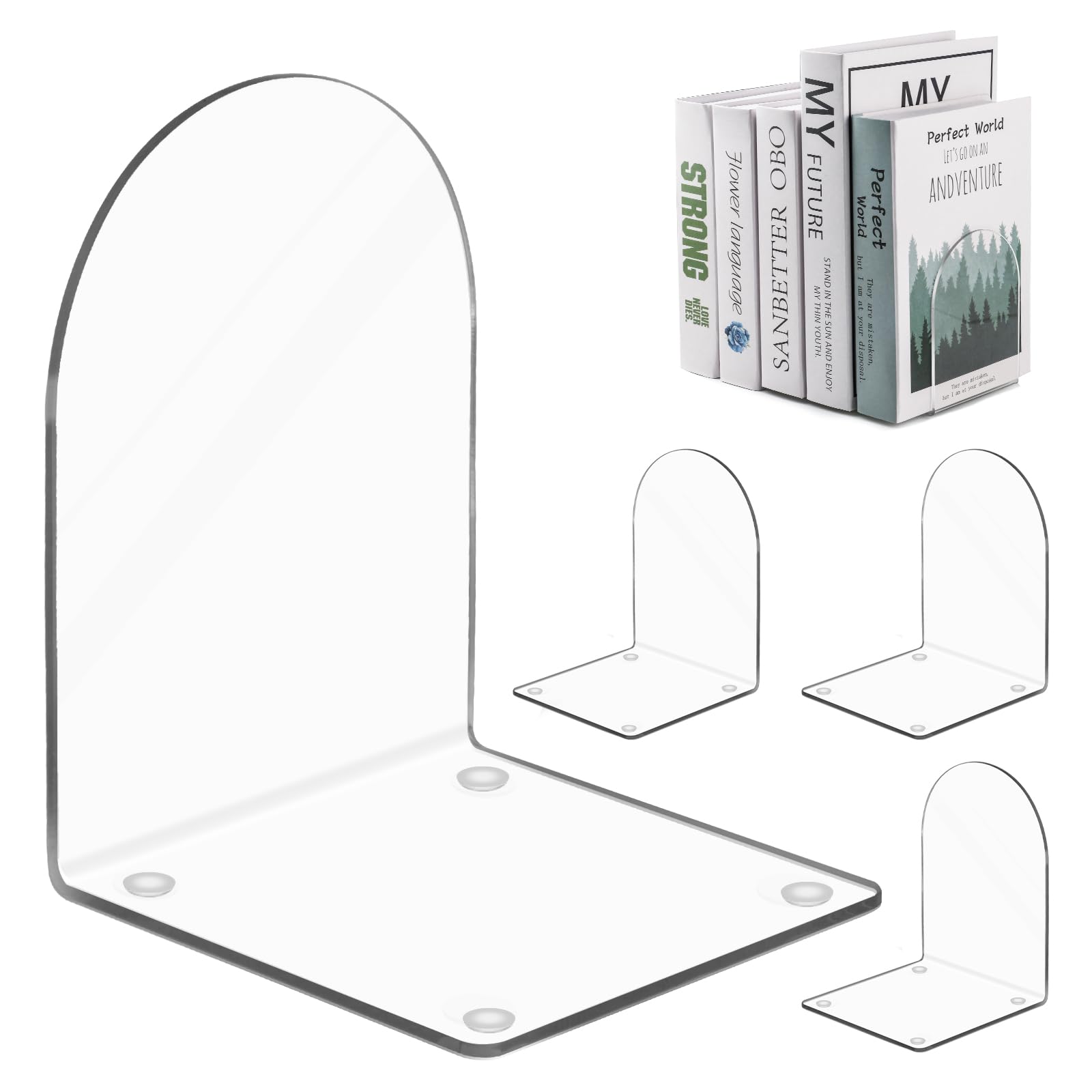 MOXYOY 4 Pcs Acrylic Bookends - Clear L-Shape Support with Anti-Slip Pads | 100x100x130mm