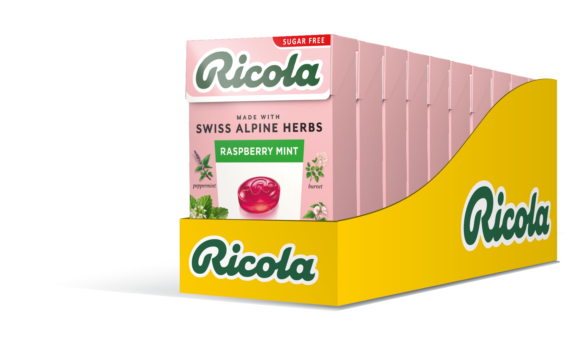 Ricola Raspberry Mint Sugar Free Herbal Sweets, 10-Pack Box (45g Each), Sweetened with Stevia, Vegan & Kosher