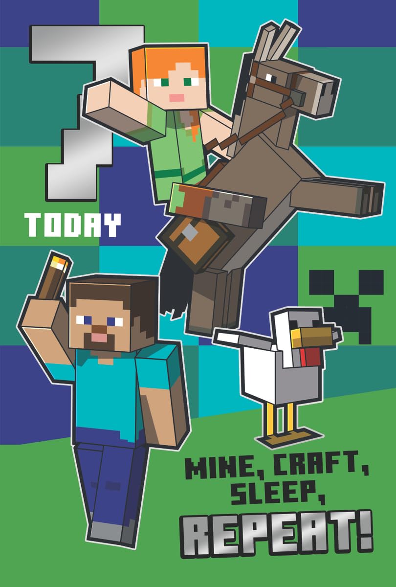 Danilo Promotions LTD Minecraft Birthday Card - Age 7 Greeting Card with Stickers | Standard Size