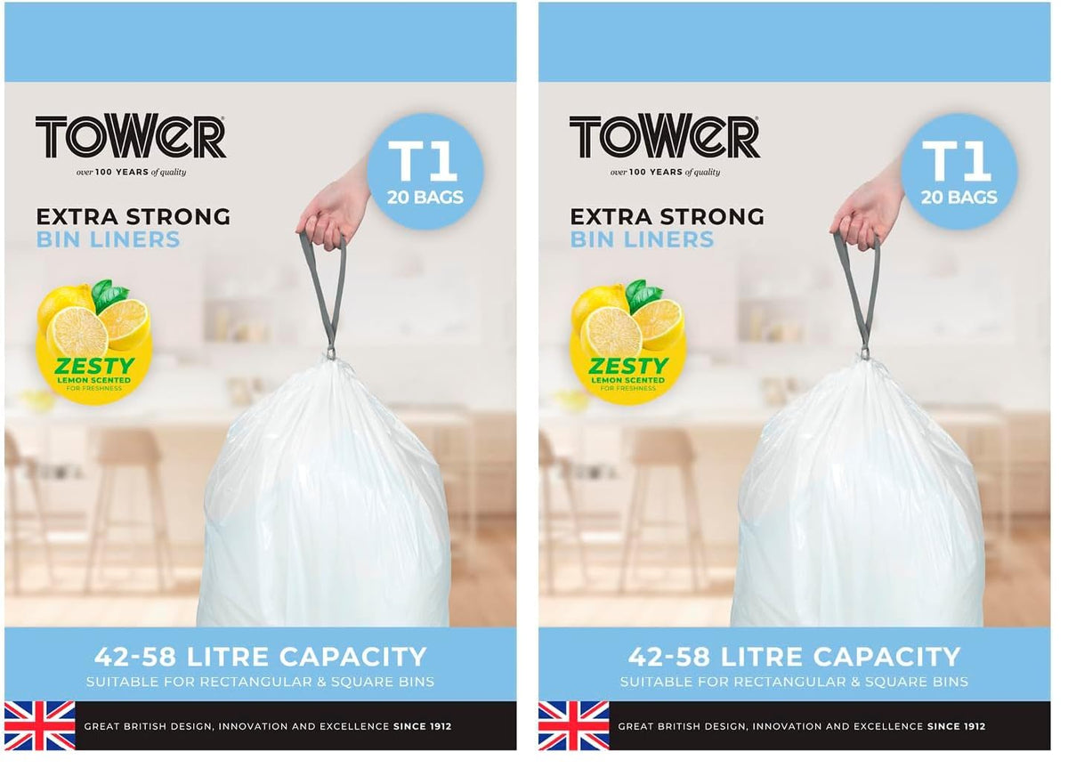 Tower Lemon Scented Drawstring Bin Liners - 42-58L, 40 Pack