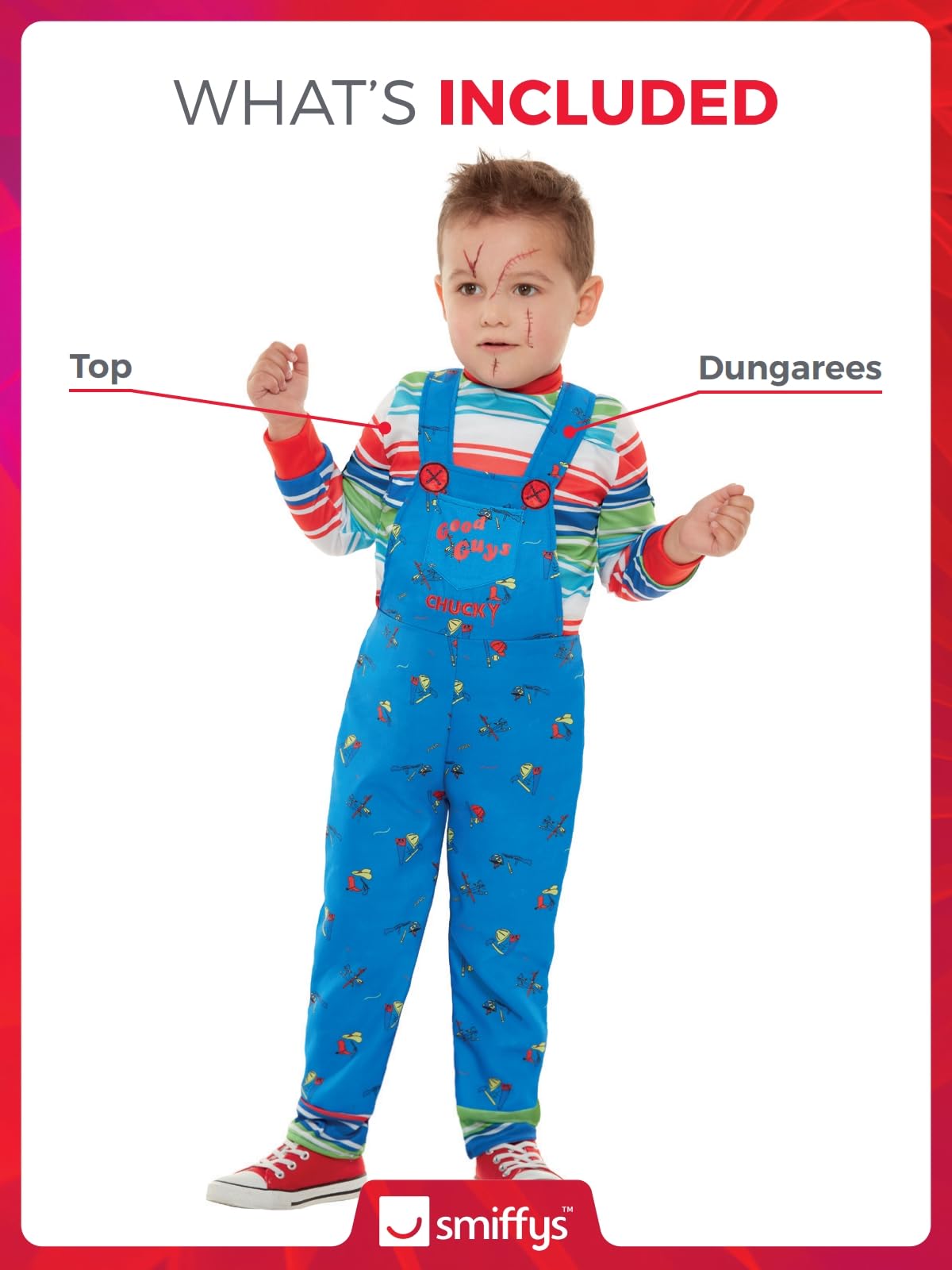 Smiffys Chucky Costume - Kids Blue Striped Top and Printed Dungarees 3