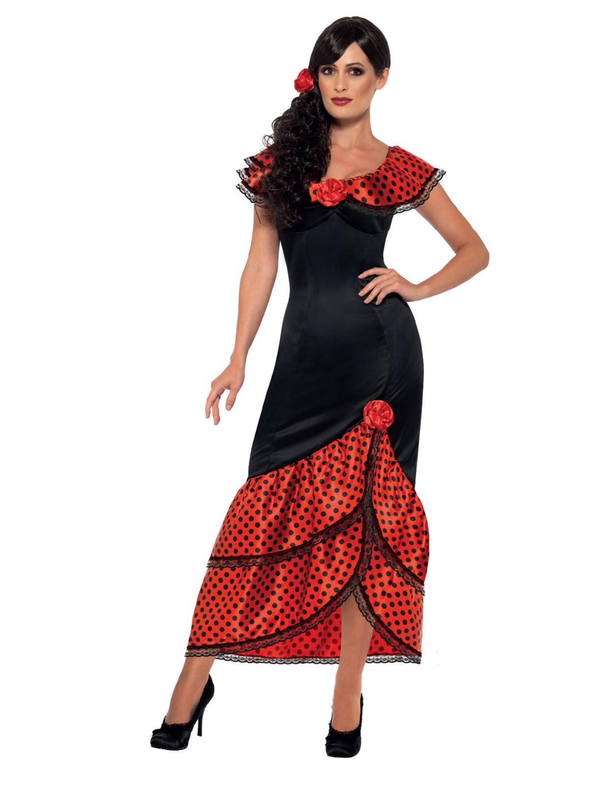 Smiffys Flamenco Senorita Costume - Adult Women's Size M (UK 12-14) | Black & Red Dress with Headpiece 1