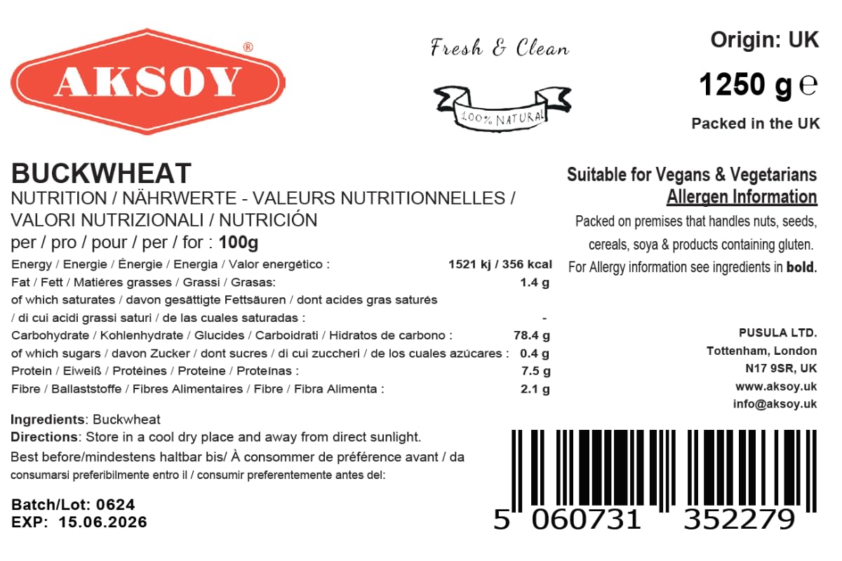 AKSOY Hulled Buckwheat Groats - 1.25kg Raw Vegan Non-GMO Whole Grain Rich in Protein 7