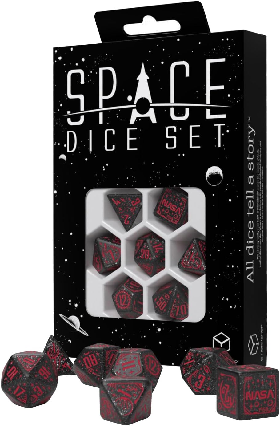 Q WORKSHOP Space Dice Set Voyager RPG Dice – Shimmering Black with Red Engraving
