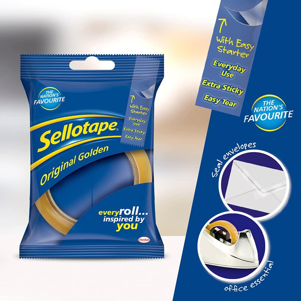 Sellotape Original Golden Transparent Tape - Extra Sticky, Easy Tear | Pack of 6 x 24mm x 66m