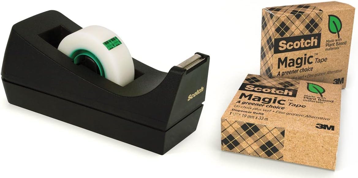 Scotch Magic Tape Dispenser - Black Dispenser with Plant-Based Adhesive Tape | 99.0 meter Unit Count 1