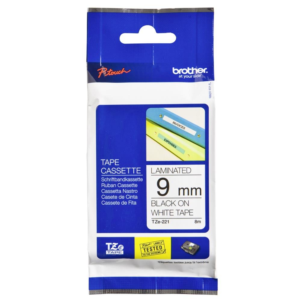 Brother TZe-221 Labelling Tape Cassette, 9 mm (W) x 8 m (L), Laminated, Brother Genuine Supplies - Black on White 1