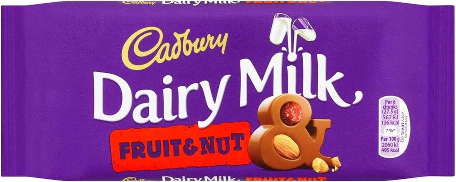 Cadbury - Dairy Milk Fruit & Nut Chocolate Bar with Almonds and Raisins, 120g