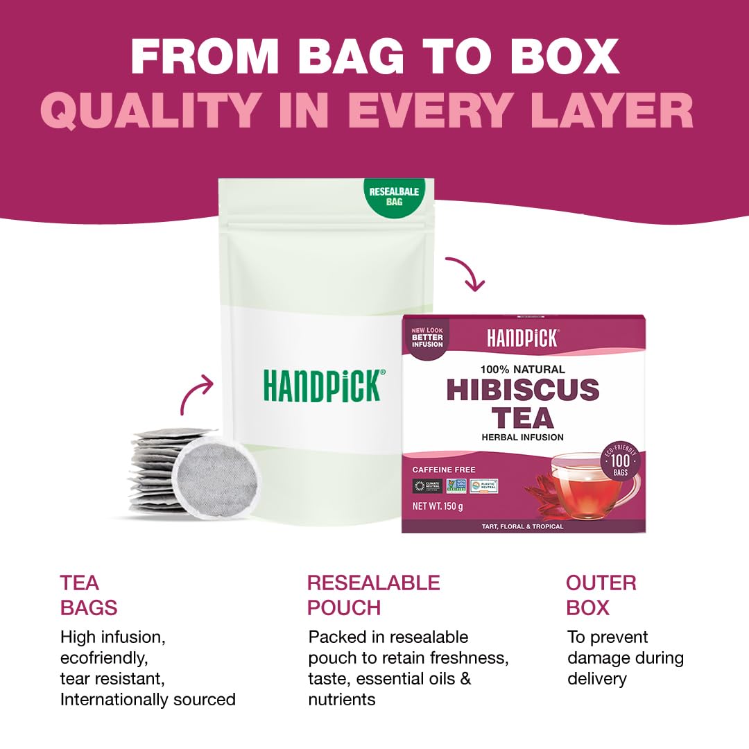HANDPICK Hibiscus Tea Bags - 100 Count | 100% Pure Herbal Tea | Brew Hot or Iced | Carbon-Neutral & Plastic-Neutral 4