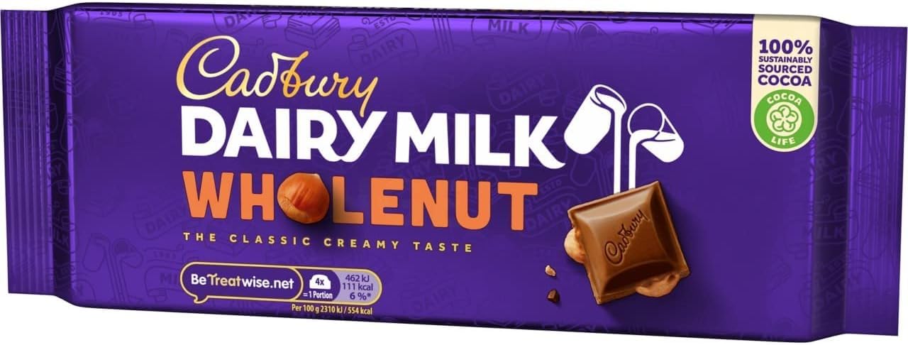 Cadbury Dairy Milk Whole Nut Bar - 180g Chocolate Bar with Whole Hazelnuts