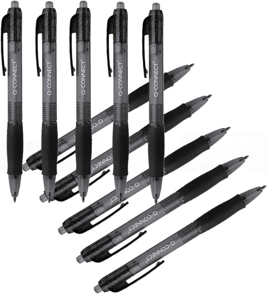 Q-Connect Retractable Ballpoint Pen KF00267 - Black Ink, Medium Tip, Rubber Grip | Pack of 10
