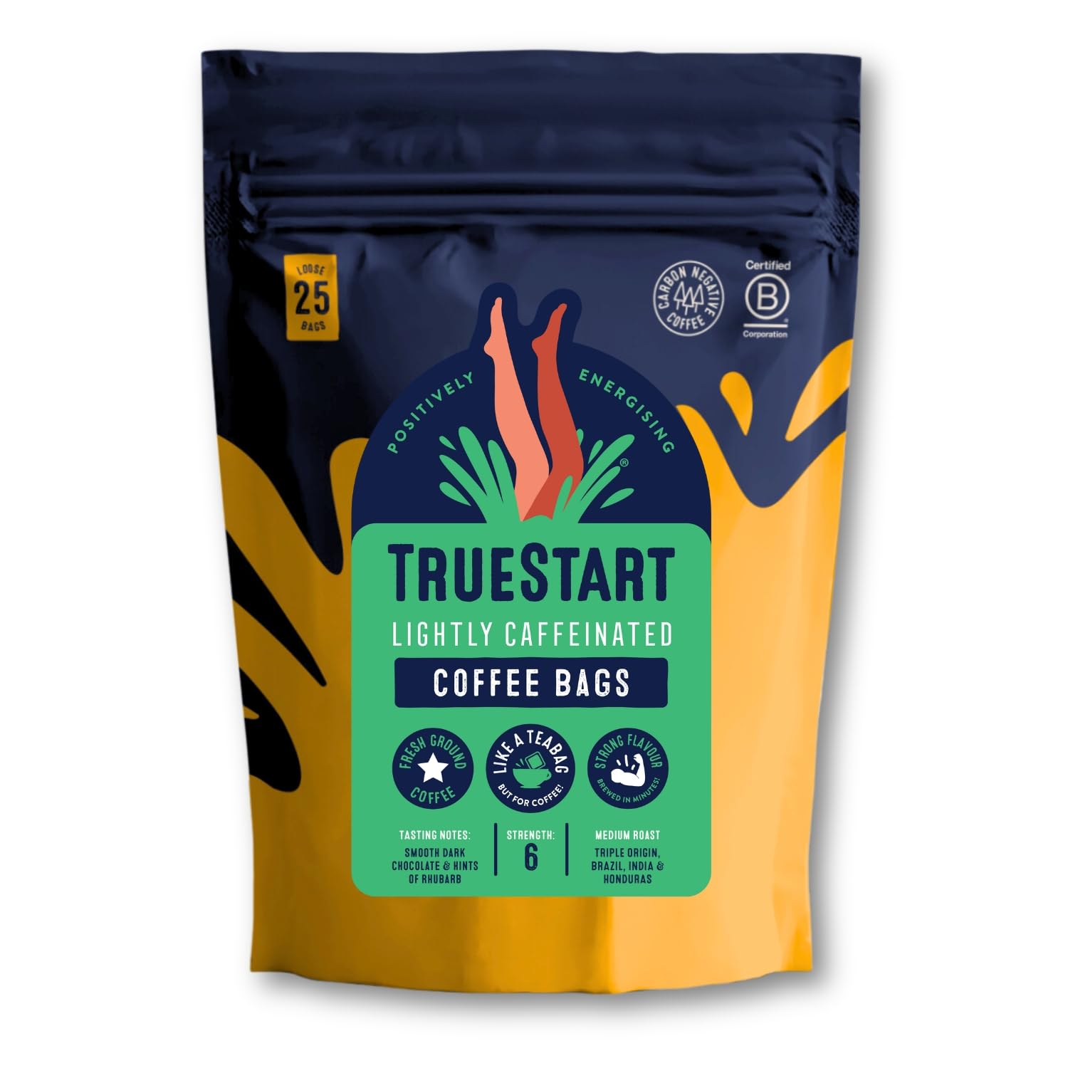 TrueStart Coffee Bags, Lightly Caffeinated – 25 Loose Bags, Mycotoxin-Free Colombian Arabica, Rich in Antioxidants, Gluten Free, Individually Wrapped