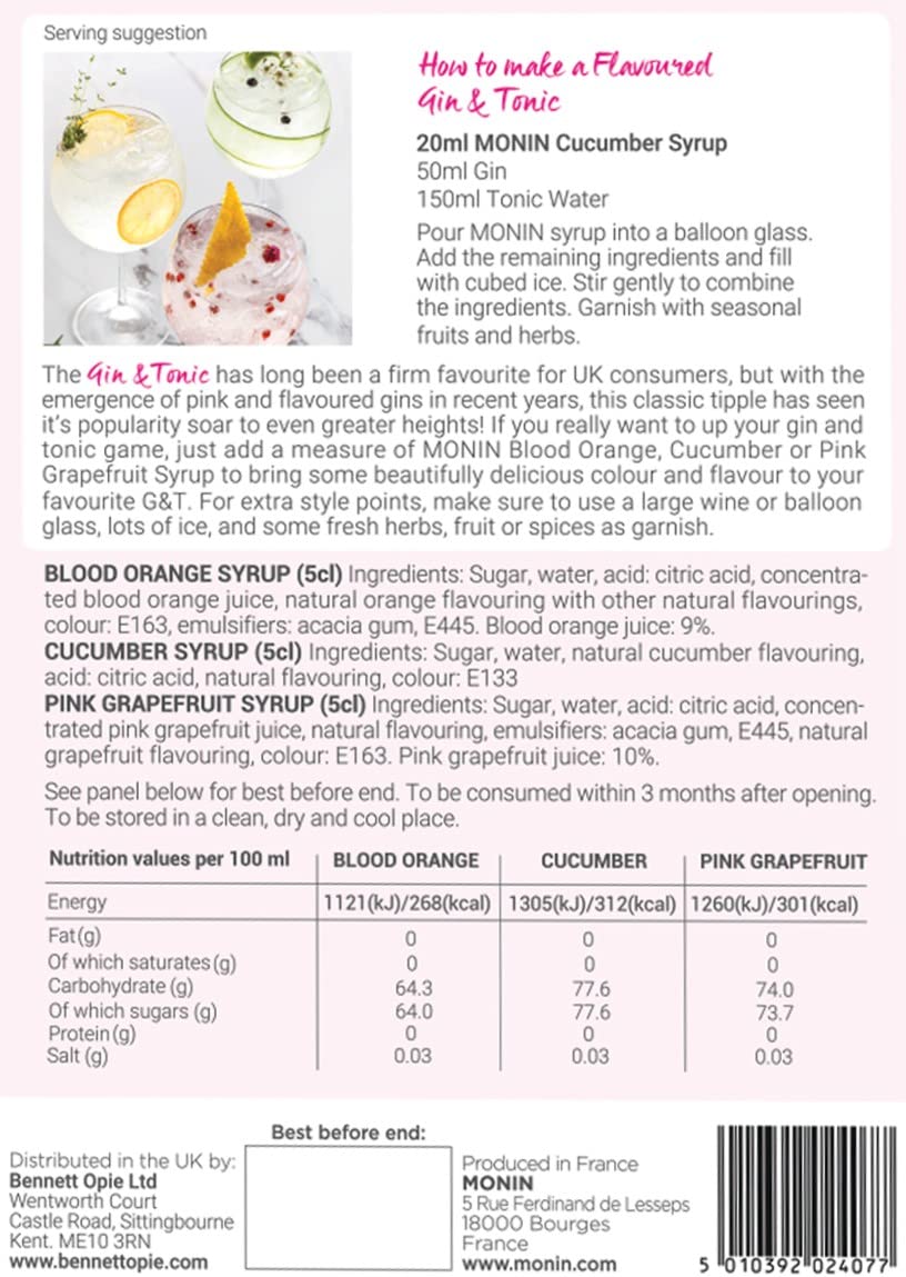 MONIN Cocktail Syrup Gift Set - Cucumber, Pink Grapefruit, Blood Orange (3 x 50ml) 6