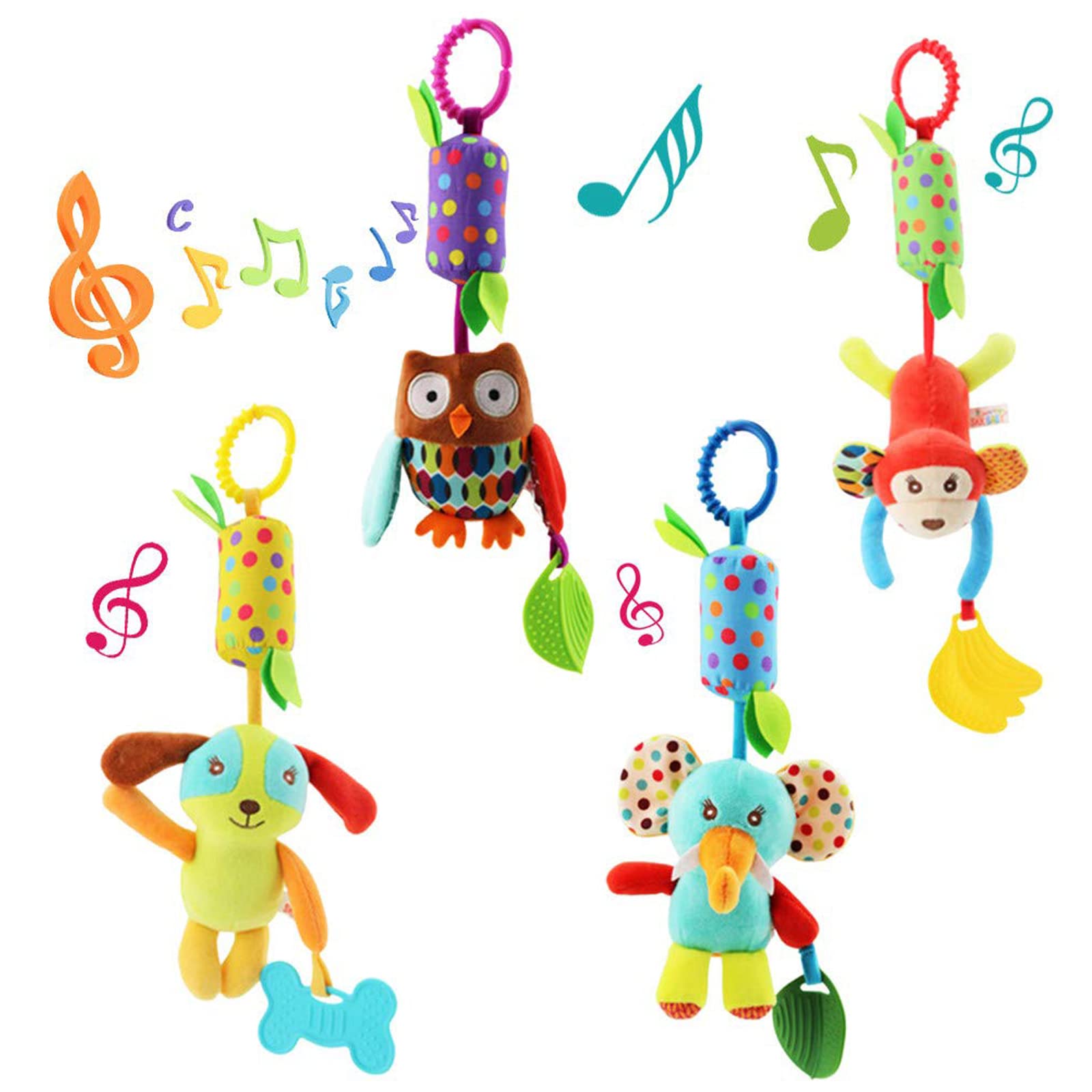 wohot 4-Pack Baby Stroller Hanging Toys - Animal Rattles with Teether for 2 Months to 3 Years 3