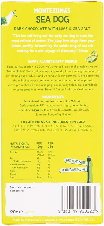 Montezuma - Sea Dog 70% Cocoa Dark Chocolate with Sea Salt & Lime, Vegan Gluten-Free Bar