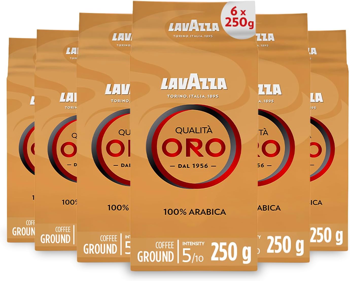 Lavazza Qualità Oro Ground Coffee - 6 x 250g Packs, 100% Arabica Blend for Moka Pot & Filter