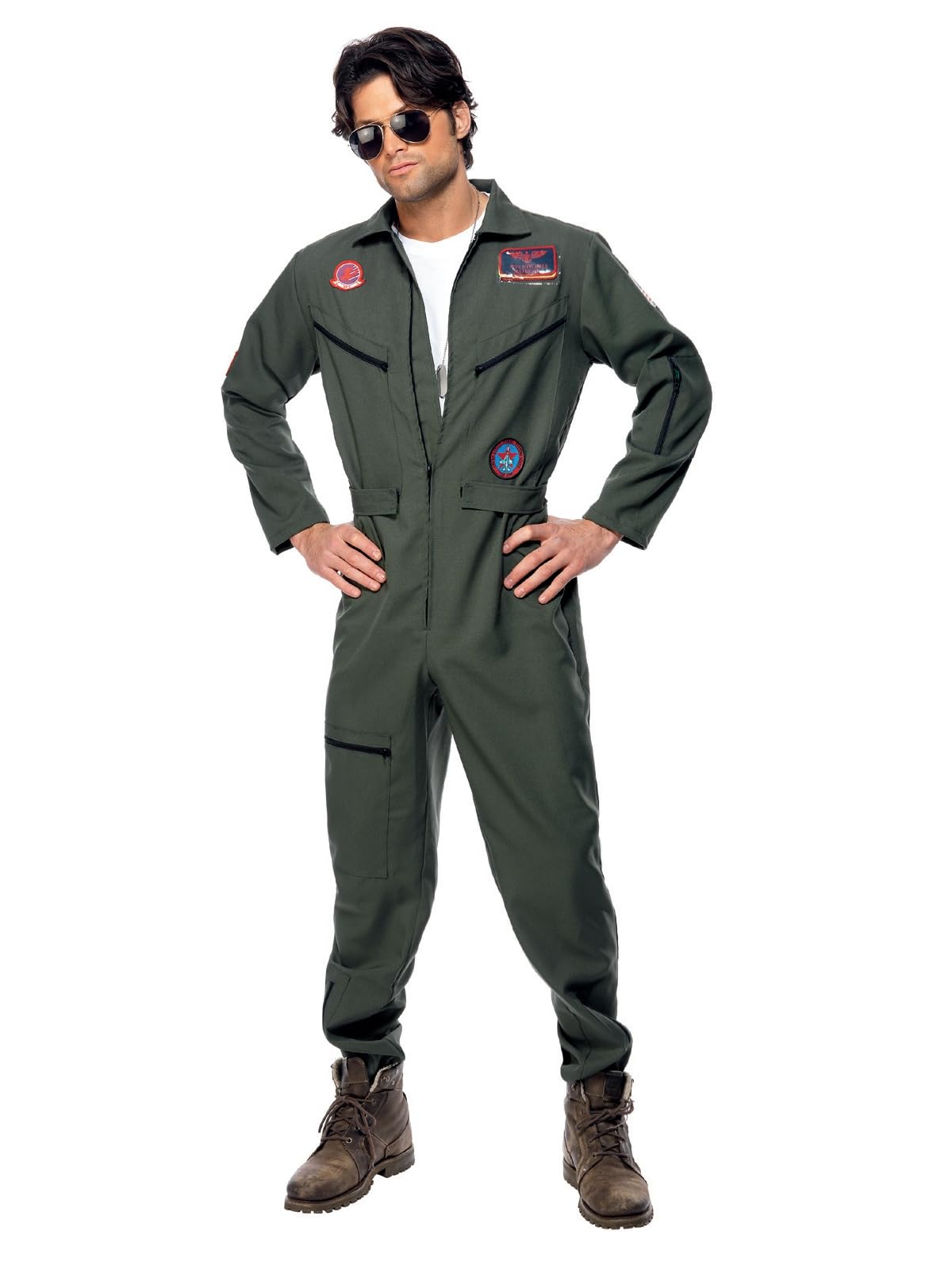 Smiffys Top Gun Pilot Costume - Jumpsuit, Name Tags & Sunglasses (Green) XL