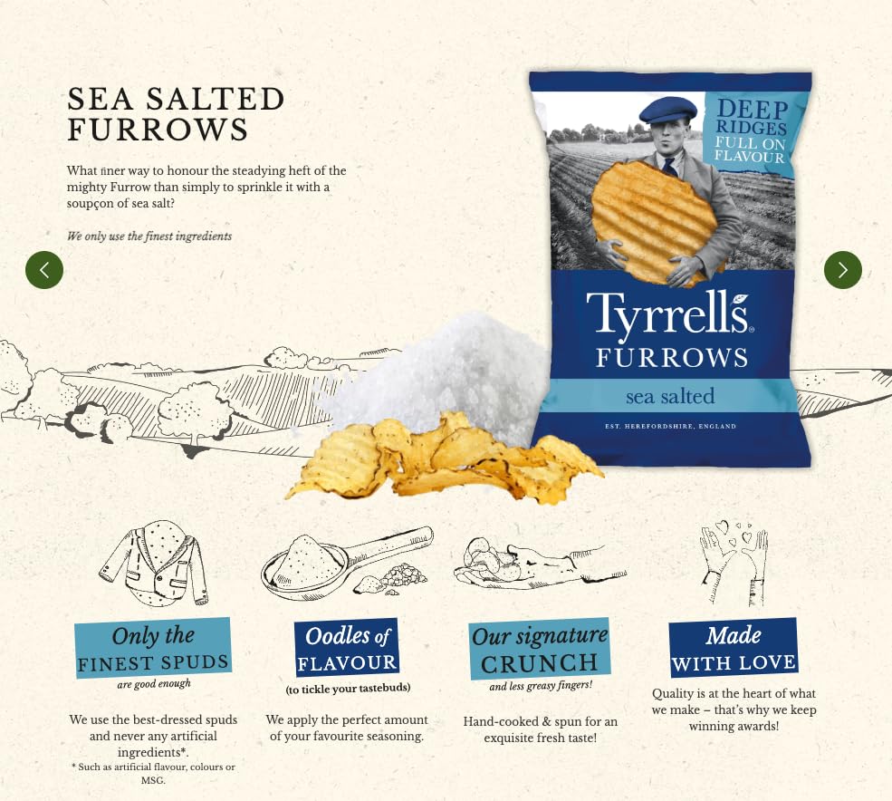 Tyrrells Furrows Sea Salted Handcooked Crisps 150g Sharing Bag