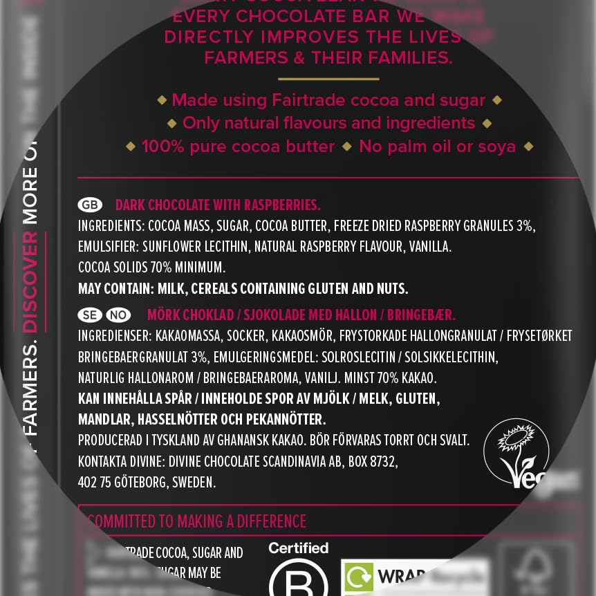 Divine - 70% Dark Chocolate with Raspberries Bar (90 g)