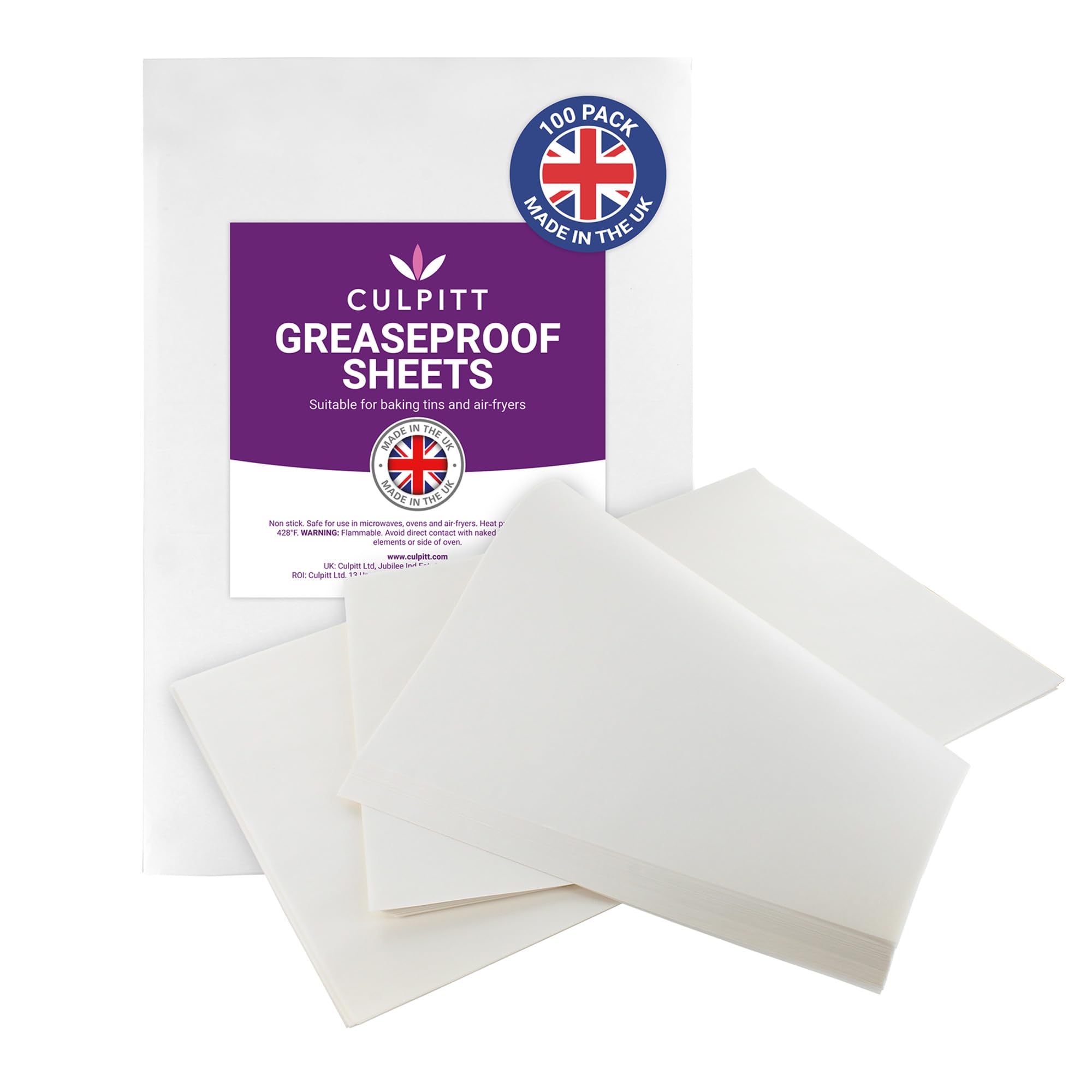 Culpitt - Greaseproof Paper Sheets Pre-Cut Baking Liners 250mm x 360mm, 100 Sheets