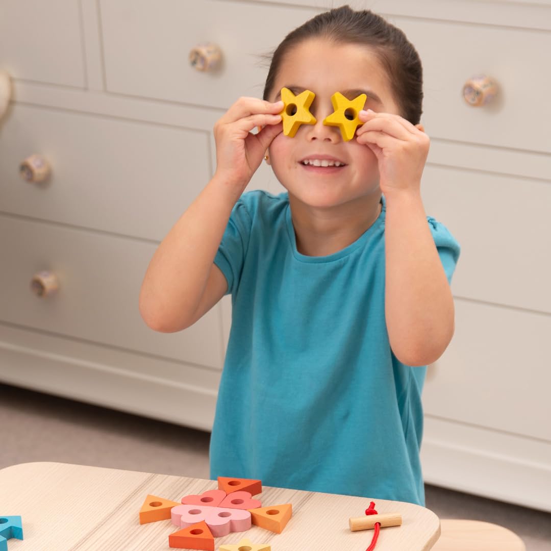 TickiT Rainbow Wooden Lacing Shapes - Educational Threading Toy for Toddlers 3+ 6