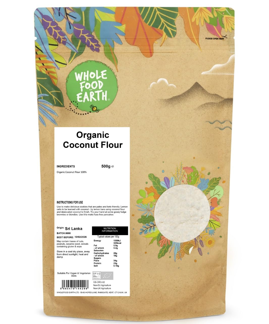 Wholefood Earth Organic Coconut Flour – 500g | GMO Free | Vegan | High Fibre | Paleo & Keto Friendly
