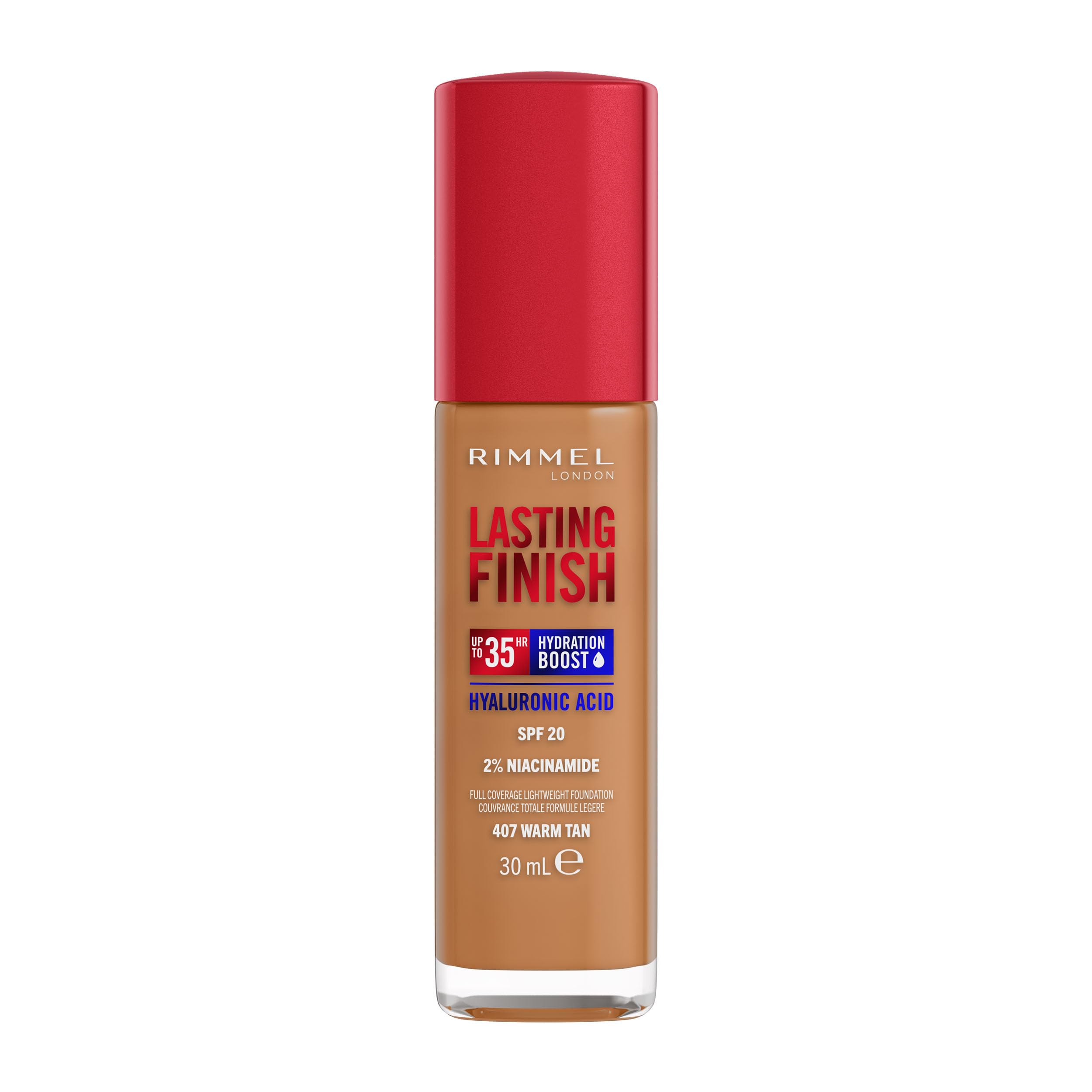 Rimmel - Lasting Finish 35Hr Foundation (Warm Tan 407), Full Coverage, Hydrating, SPF20, Vegan & Cruelty Free