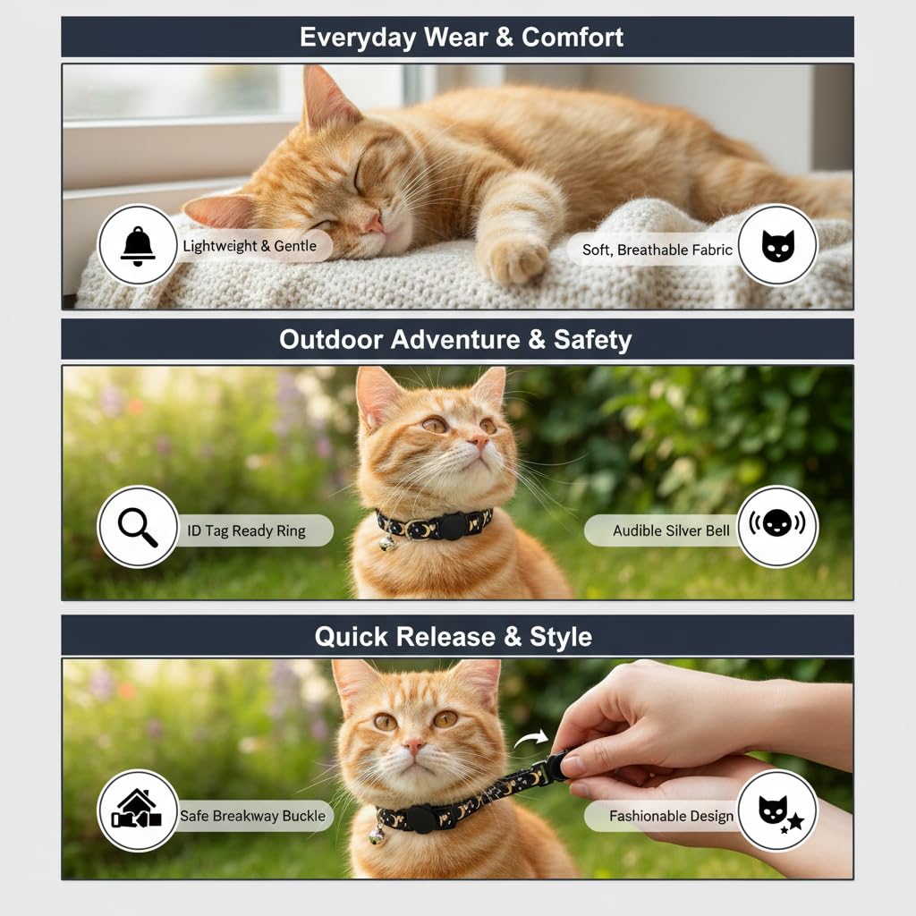 Muexoee Reflective Adjustable Cat Collar with Bell | Moon Star Print | Green | 2 Pack 6