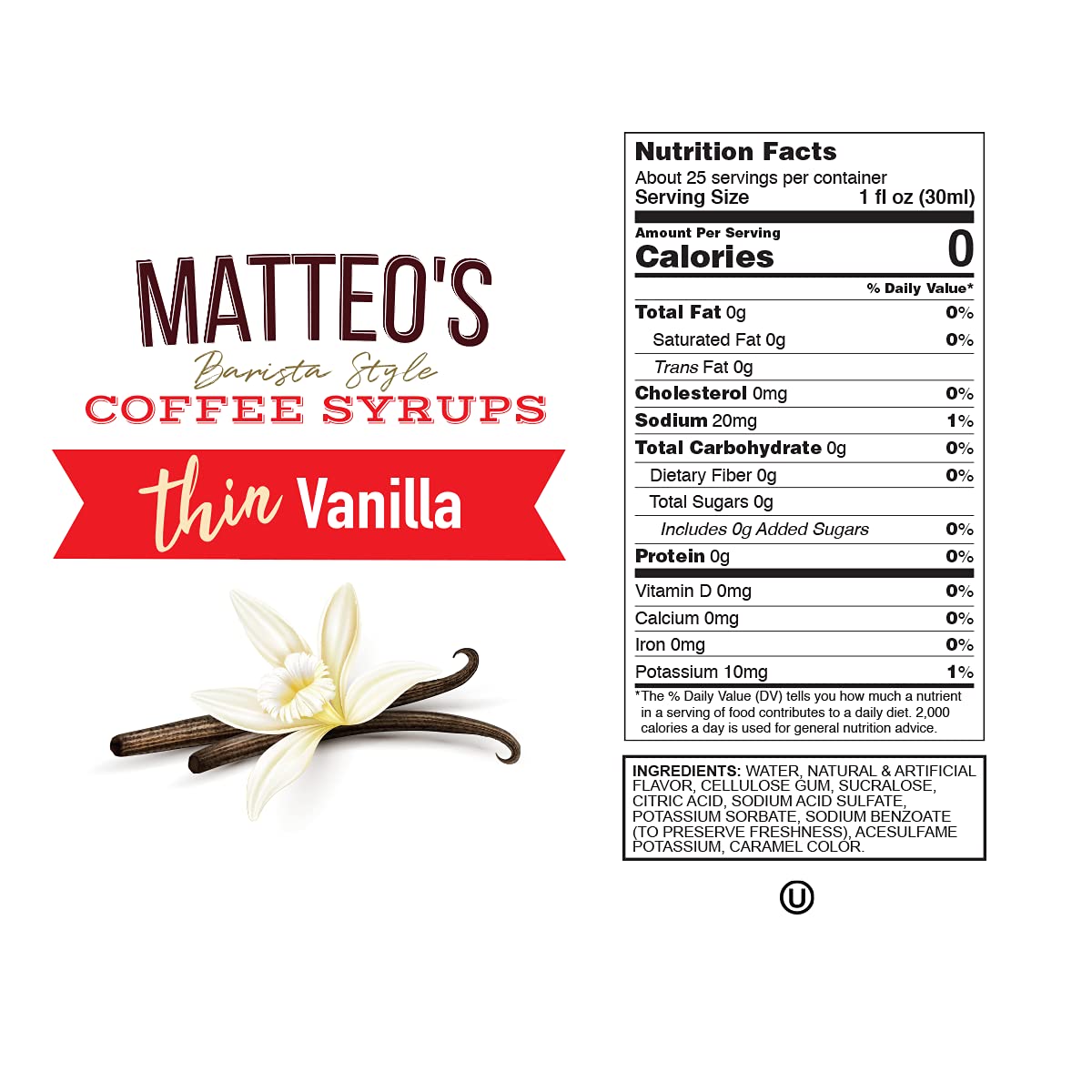 Matteo's Sugar Free Vanilla Coffee Flavoring Syrup | 0 Calorie, Keto Friendly | 750 ml