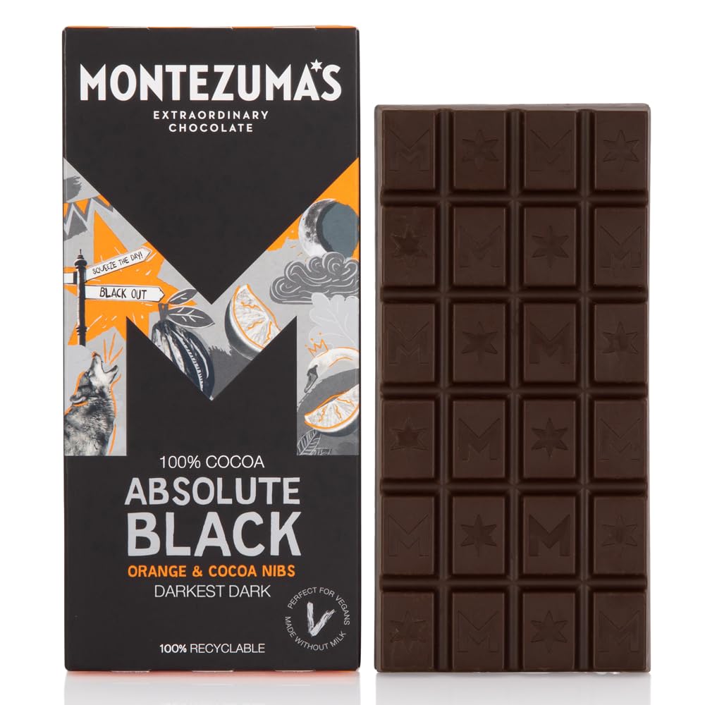 Montezuma - Absolute Black 100% Cocoa Dark Chocolate with Orange & Cocoa Nibs 90g Bar