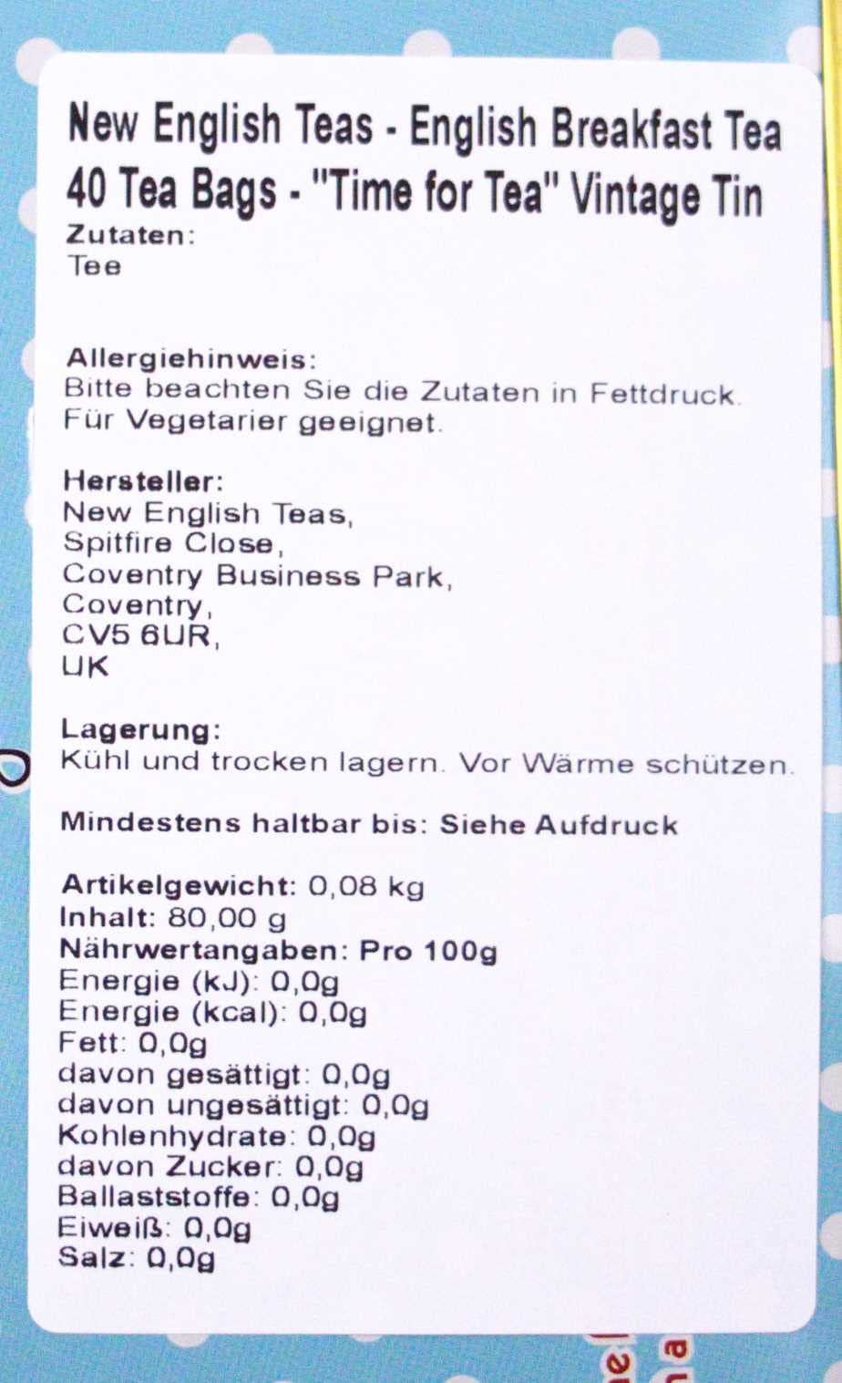 New English Teas Time for Tea - English Breakfast Tea Tin with 40 Foil-Wrapped Teabags