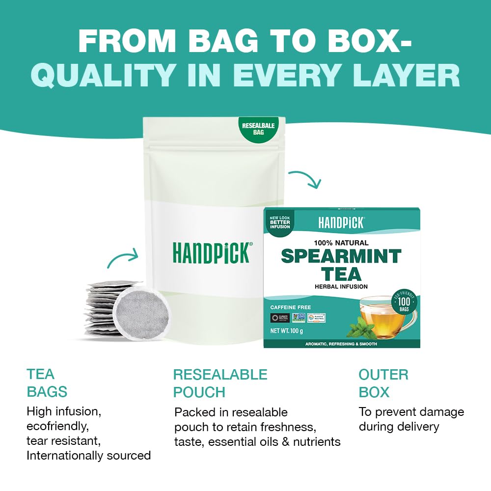 HANDPICK Spearmint Tea Bags (100 Count) Non-GMO, 100% Pure Spearmint Leaf, Tea Board of India Certified 5