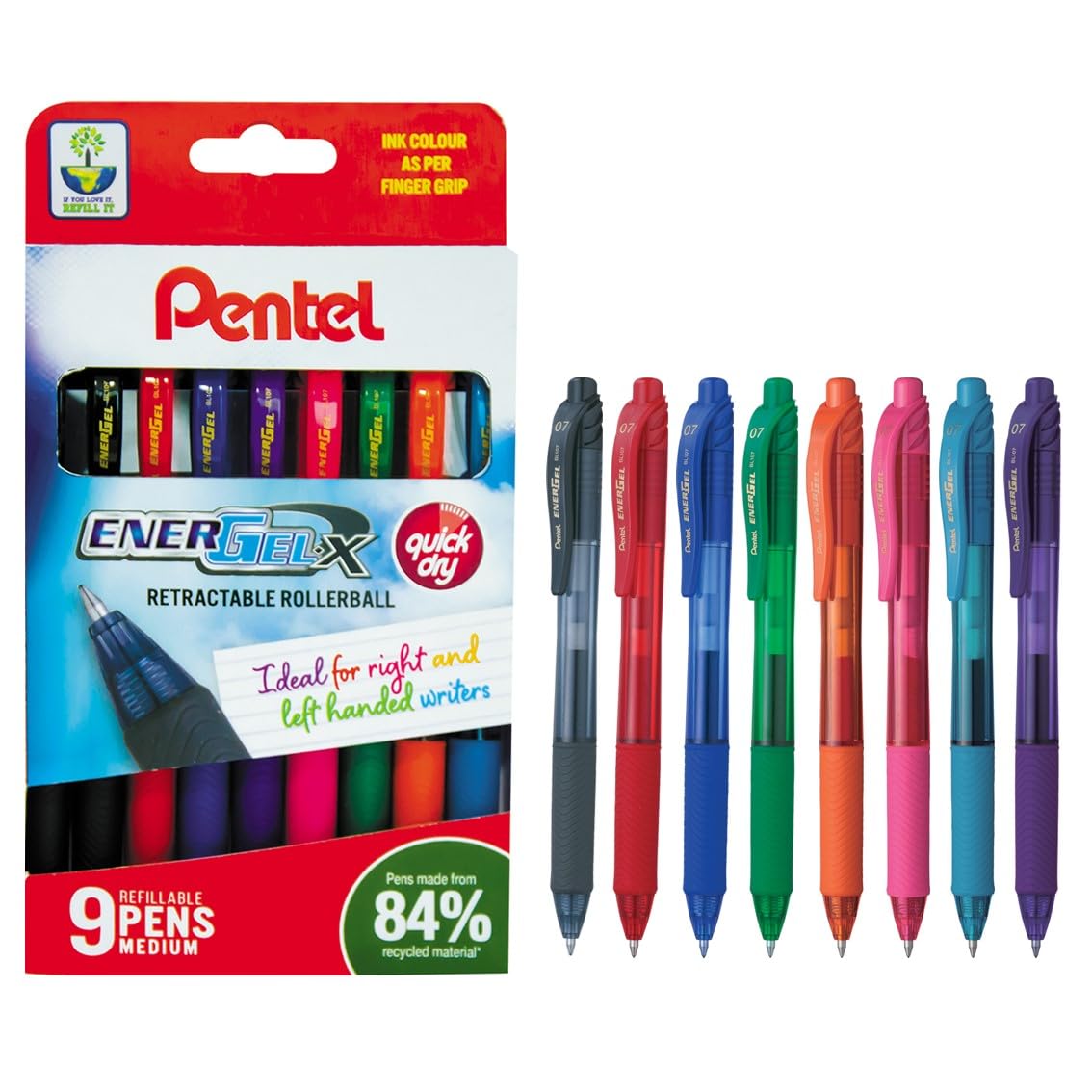 Pentel EnerGel X Gel Ink Rollerball Pen - 0.7mm Medium Tip, Assorted Colors, Pack of 9 | Refillable 1