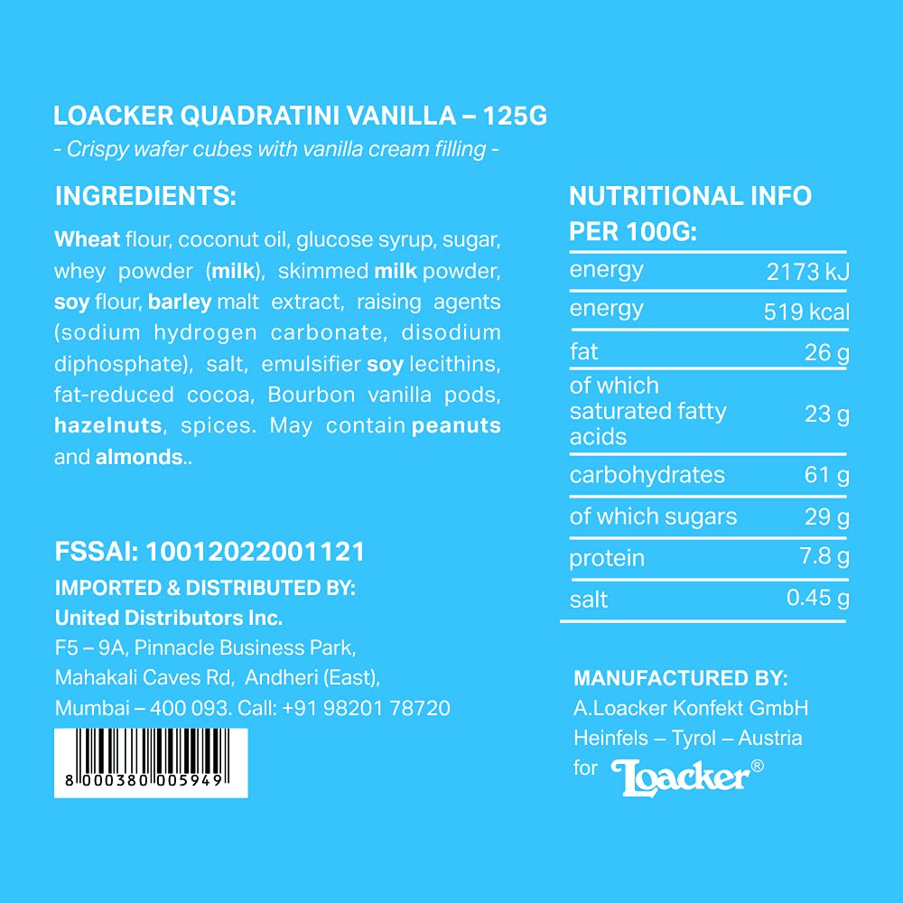Loacker Vanilla Quadratini Wafers - Delicate Vanilla Cream Filling | 125g